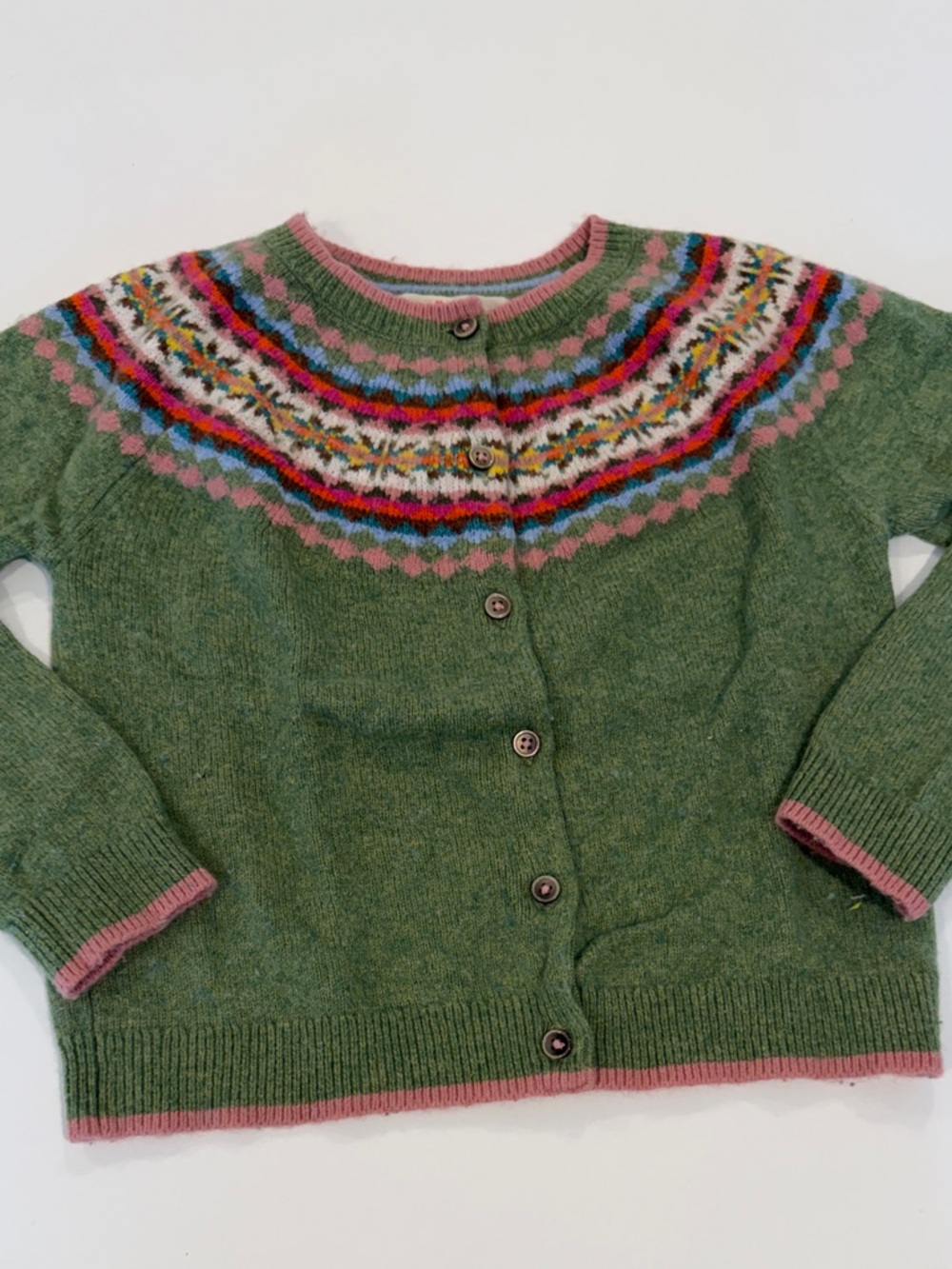 Mini Boden Green Fair Isle Knit Cardigan Sweater with Pink Trim